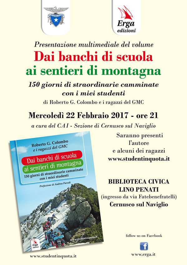 Locandina presentazione Radio Cernusco Stereo in diretta del libro "Dai banchi di scuola ai sentieri di montagna"
