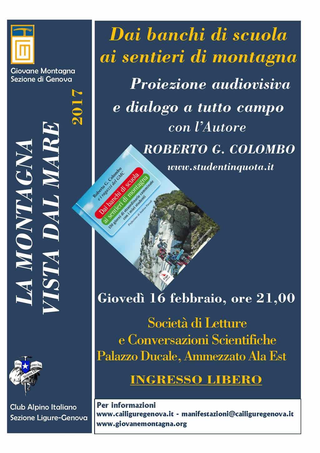 Locandina presentazione Palazzo Ducale del libro "Dai banchi di scuola ai sentieri di montagna"